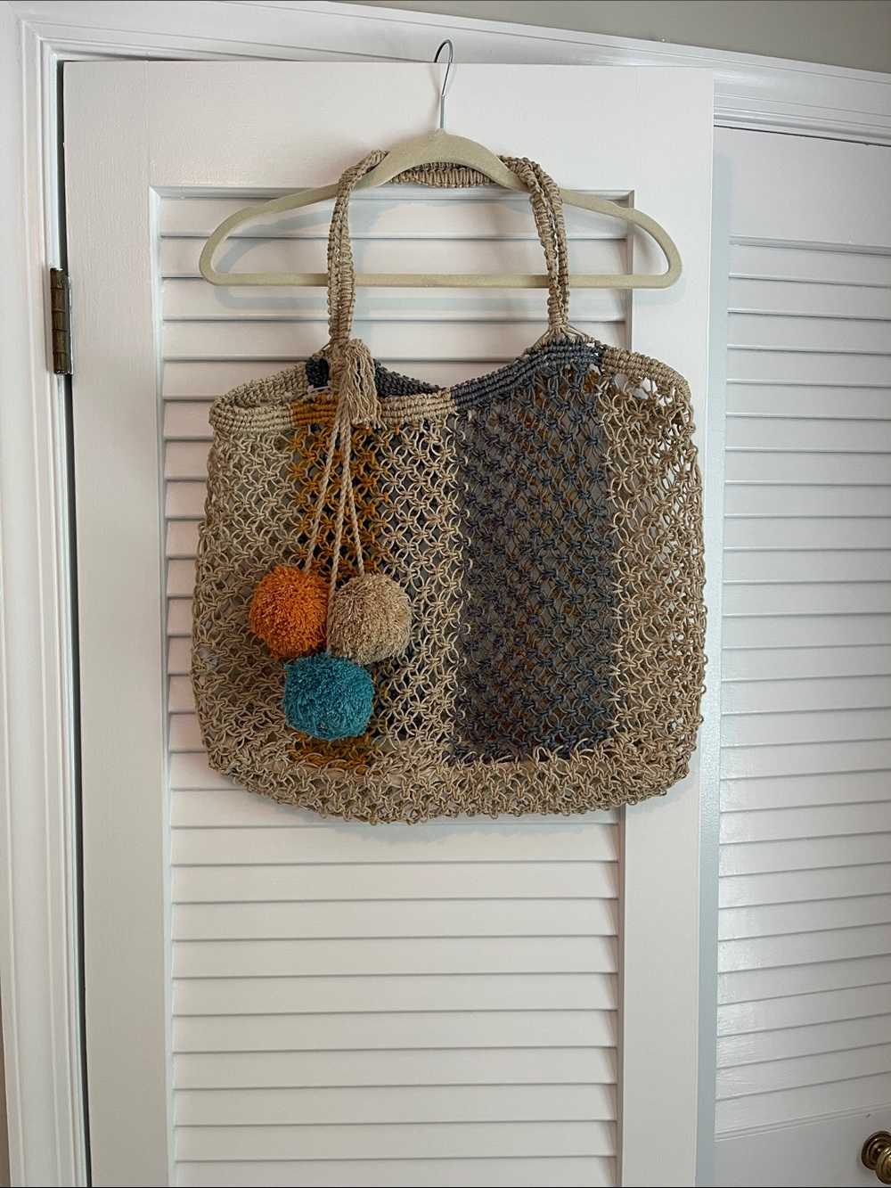 Handwoven Neutral Crochet Tote with Colorful Pom-Poms